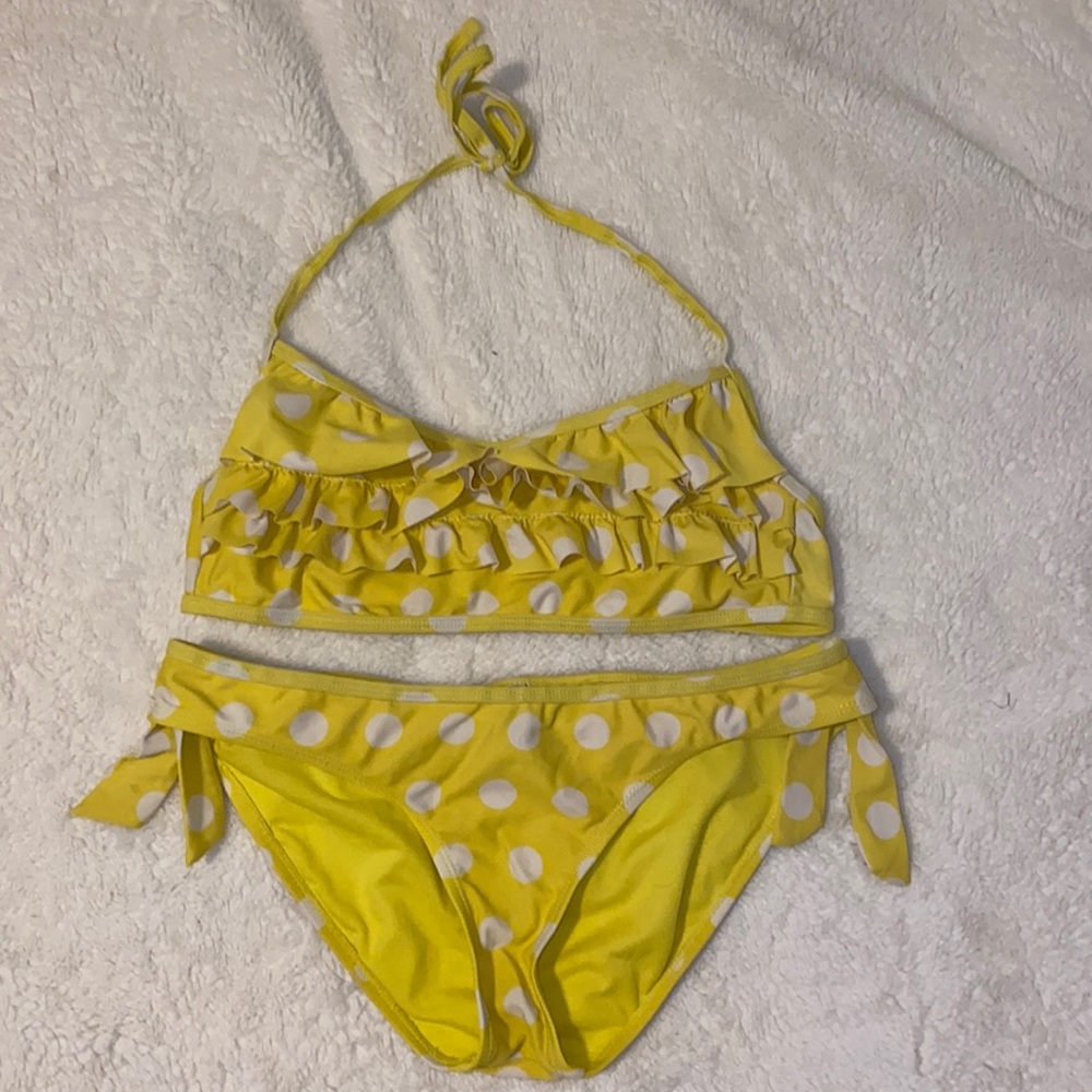 Aqua marine yellow and white polka dot bikini with ruffles